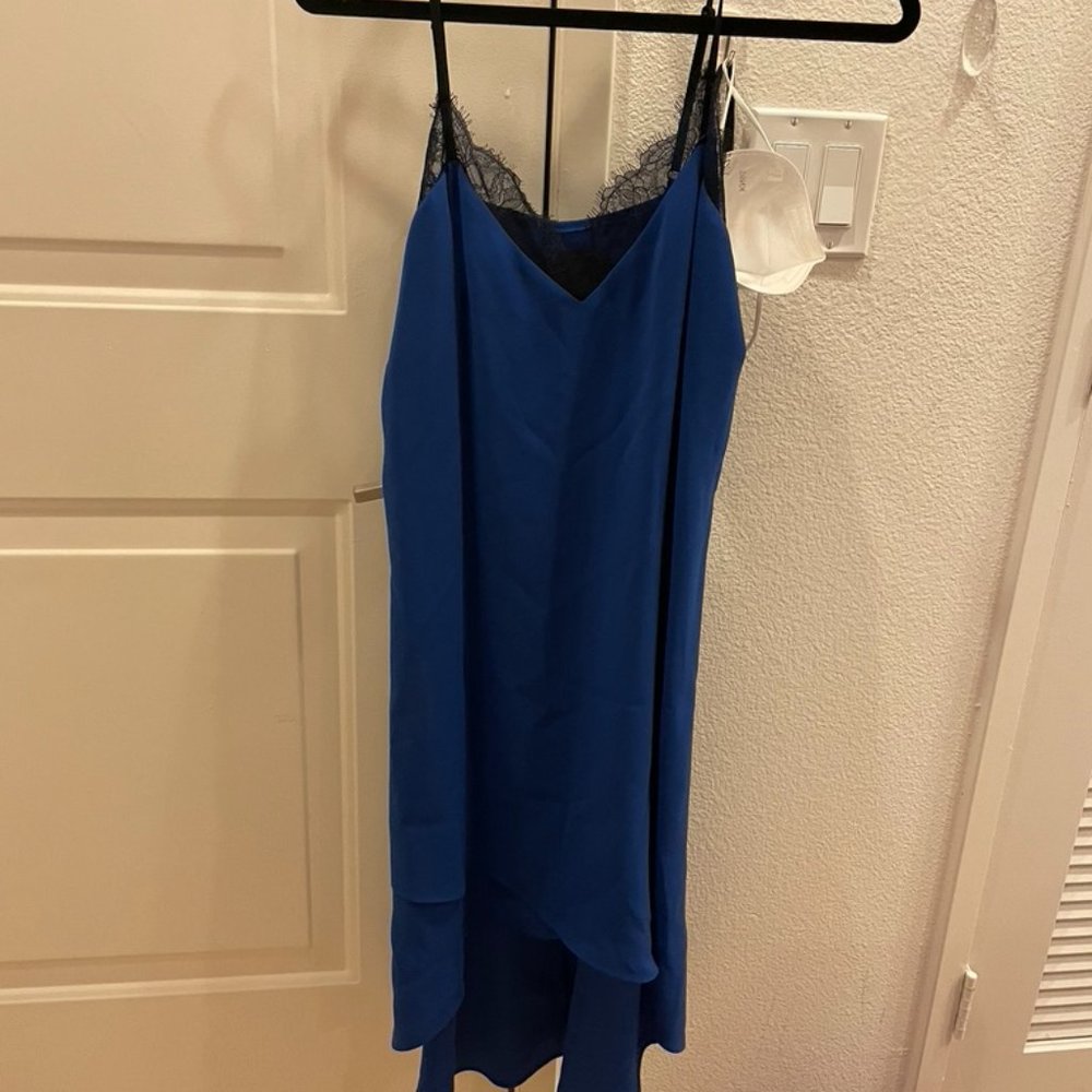 BCBG Blue Slip High-Low Dress with Lace Detail